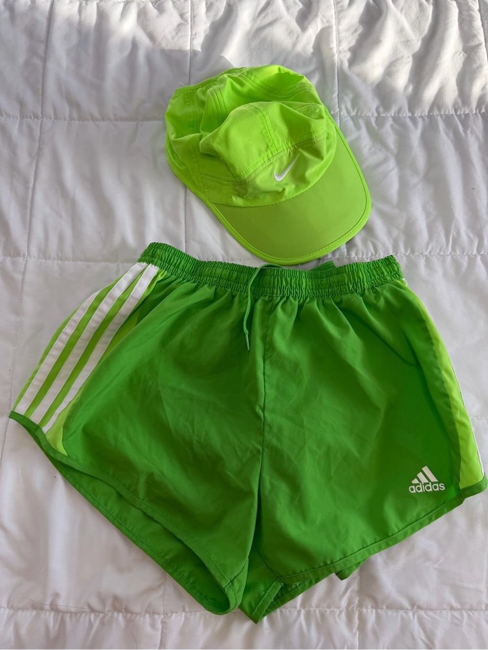 Bundle of 2 Adidas Bright Green Athletic Shorts & neon green Nike hat Small